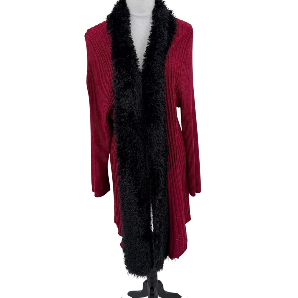 Lauren Michelle Cardigan Womens 3X Red Metallic Faux Fur Trim Glam Holiday Boho